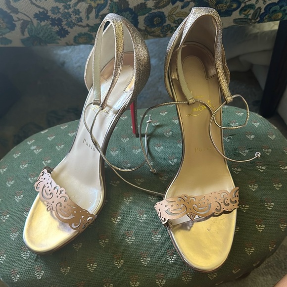 Christian Louboutin Leather & Gold Glitter Valnina AnkleTie Sandals Size 38 1/2 - Picture 2 of 7